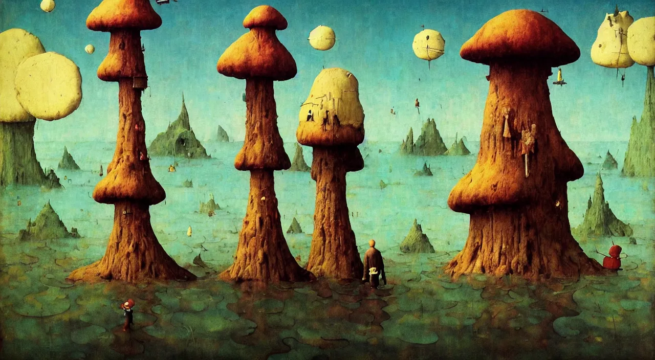 Image similar to single flooded simple!! toadstool tower anatomy, very coherent and colorful high contrast masterpiece by norman rockwell franz sedlacek hieronymus bosch dean ellis simon stalenhag rene magritte gediminas pranckevicius, dark shadows, sunny day, hard lighting