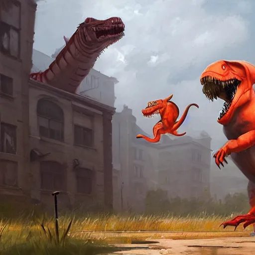 Prompt: t - rex chasing a small rat in team fortress 2 style, detailed painting, by jakub rozalski