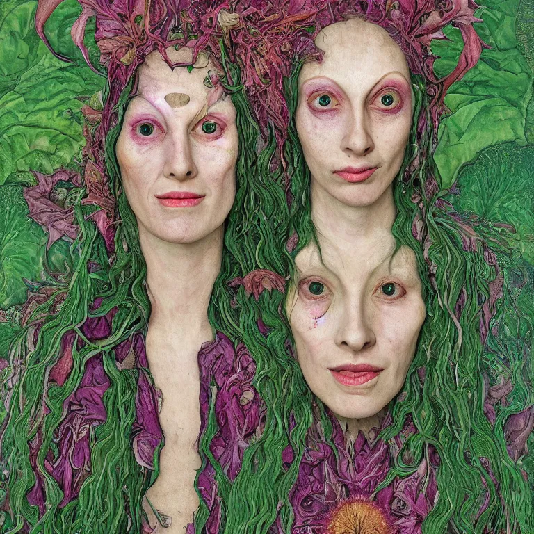 Prompt: a grinning shape shifting girl, plant patterns, her face looks like an orchid, she is the center of the garden, jan van eyck, ernst fuchs, egon schiele, trending on artstation, 8 k, award winning, facial symmetry, iris van herpen, high octane, psychedelic, werewolf, mermaid, harpy, dryad, cybernetic