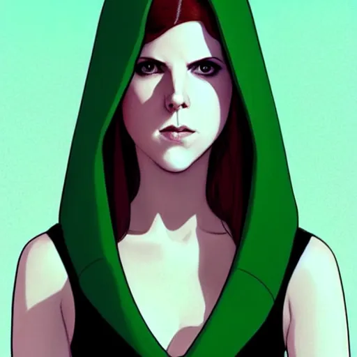 Prompt: Phil Noto comic art, artgerm, cinematics lighting, beautiful Anna Kendrick supervillain, green dress with a black hood, angry, symmetrical face, Symmetrical eyes, full body, flying in the air over city, night time, red mood in background