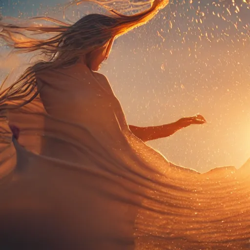 Image similar to filmstill photography of two female body sulhouettes covered with curly white translucent blanket blowing in wind, acrylic liquid colors, luxurious supermodel photoshooting, golden jewelry, bokeh, godrays, strong wind, wrinkles, sunrays, sunset, lens flares, cold colors, sand dunes