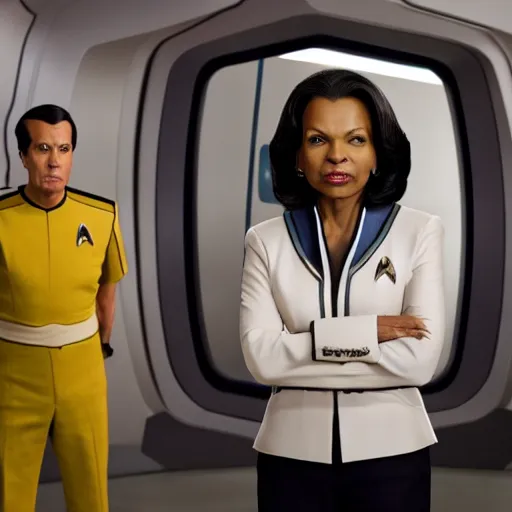 Image similar to Condoleezza Rice as a crew member on Star Trek the original series, XF IQ4, f/1.4, ISO 200, 1/160s, 8K, RAW, unedited, symmetrical balance, in-frame