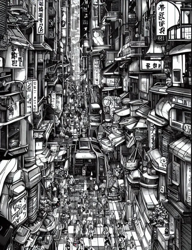 Prompt: a detailed manga illustration of a retro sci - fi city street on an alien world, trending on artstation, digital art, 4 k resolution, detailed, high quality, sharp focus, hq artwork, coherent, insane detail, character portrait