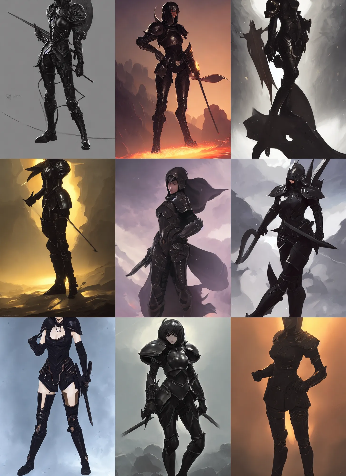 Prompt: full body portrait of a female crusader in black armor, trending on artstation, anime arts, featured on Pixiv, HD, 8K, highly detailed, good lighting, beautiful, epic, masterpiece, in the style of Ilya Kuvshinov and Greg Rutkowski