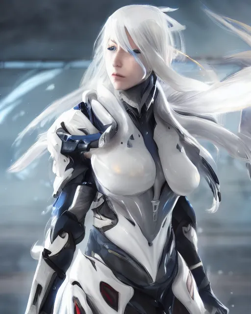 Image similar to perfect white haired girl, warframe armor, beautiful, dreamy, half asian, pretty face, blue eyes, detailed, windy weather, scifi platform, laboratory, experiment, 4 k, ultra realistic, epic lighting, cinematic, high detail, masterpiece, art by akihito tsukushi, akasuki voidstar