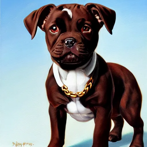 Prompt: young rich dark brown american staffy puppy with a white underbelly, wearing gold chains, sitting on his back legs, big brown eyes, cool, stylish, rule of thirds, extremely fine detail, gouche, oil painting, artstation