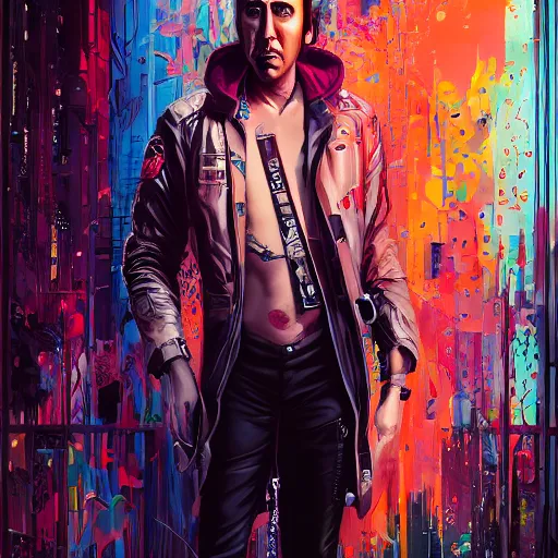 Image similar to beautiful portrait of Nic Cage cyberpunk by Tristan Eaton and Stanley Artgerm and Tom Bagshaw, Greg Rutkowski Carne_Griffiths