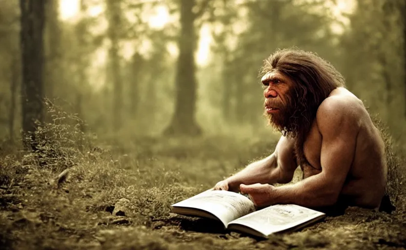 Image similar to a portrait of neanderthal read science book about him in middle of nowhere, perfect dynamic posture, dust, cinematic, perfect dynamic pose, perfect dynamic form, pinterest, very perfect position, award winning photo by national geographic, bokeh