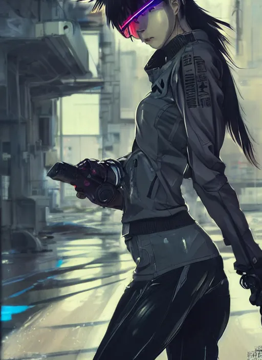 Image similar to hyper - realistic cyberpunk anime woman wearing inline skate, tokyo street, extreme detail, good face, model, concept art, in style of yoji shinkawa, pan ren wei, col price, atey ghailan, by greg rutkowski, aesthetic