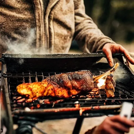 Prompt: “color photo of a Neanderthal man taking an iPhone photo of a mammoth cooking on the grill, National Geographic , anthropology photo”