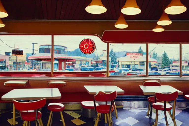 Prompt: 1 9 7 5 googie oregon themed classic american diner, people sitting at tables, googie architecture, one point perspective, americana, restaurant interior photography, hd 4 k, taken by alex webb