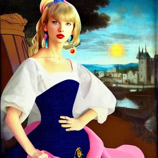 Prompt: resolution 4k Taylor Swift as Sailor Moon Skirts Realistic Pink, Girly, Feminine Taylor Swift as Sailor Moon art in the style of Johannes Vermeer