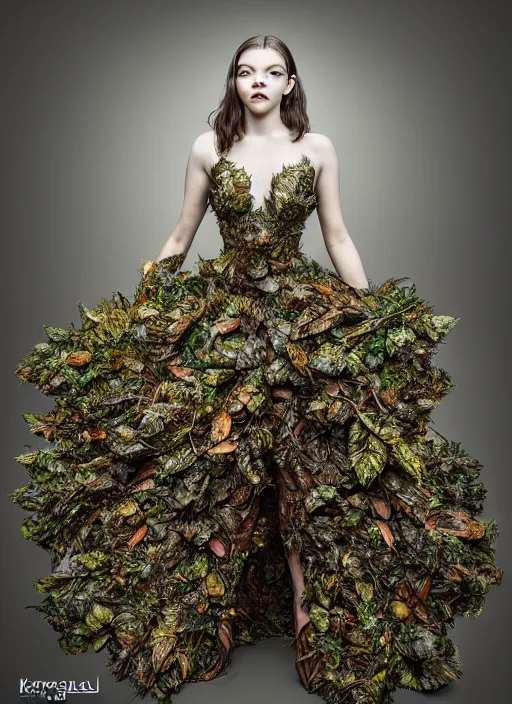 Image similar to expressive full body photo of anya taylor - joy, dress made of leaves, glamour shot, by karol bak, stefan gesell, photorealistic, nikon d 4 x, fashion photography, hyper maximalist, elegant, ornate, luxury, elite, environmental portrait, symmetrical features, octane render, unreal engine, solid dark grey background, dramatic lights