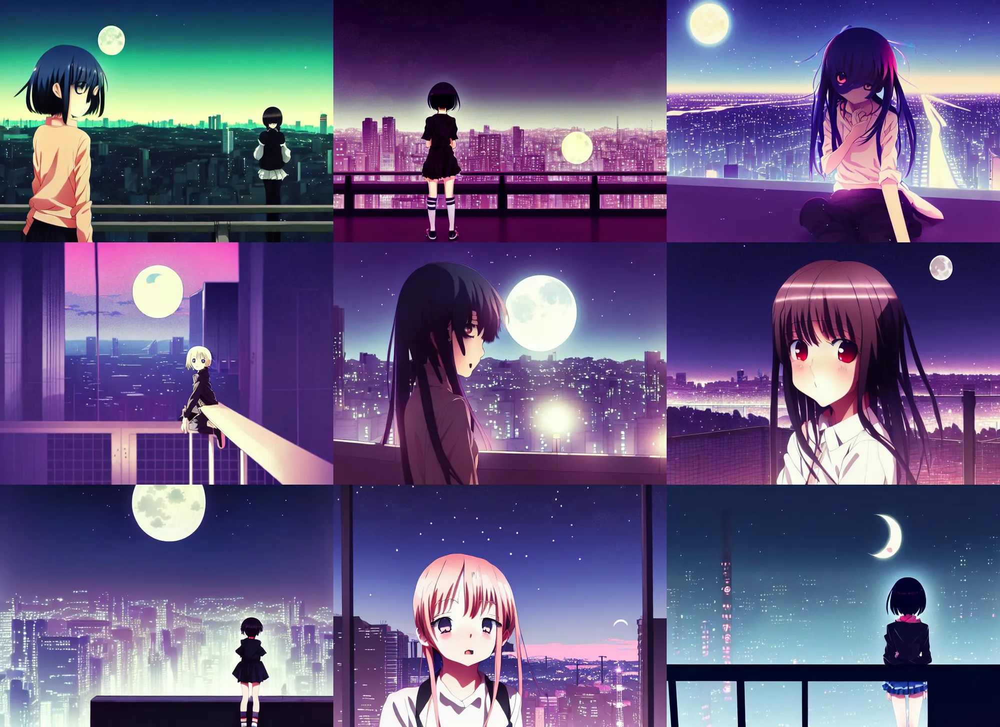 Prompt: anime visual, dark portrait from a distance of a young girl sightseeing above the city at night from, guardrails, moon, cute face by yoshinari yoh, ilya kuvshinov, moody, dynamic perspective pose, detailed facial features, kyoani, rounded eyes, crisp and sharp, cel shade, lomography, dark tint