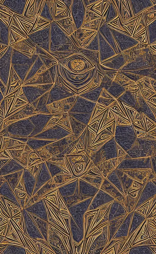 Image similar to intricate geometrical futurists ornamental pattern rapport, beautiful metallic accents, elegant, pattern, full page illustration, oil on canvas, 8k