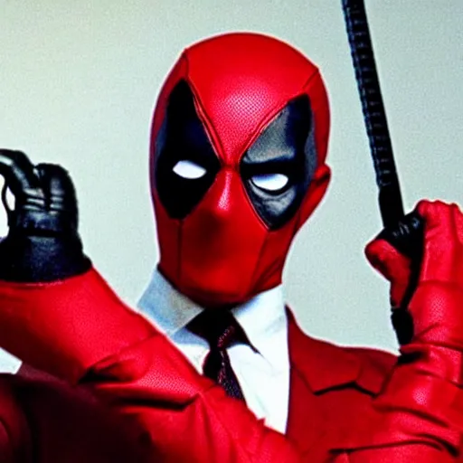 Prompt: film still, American Psycho in deadpool suit