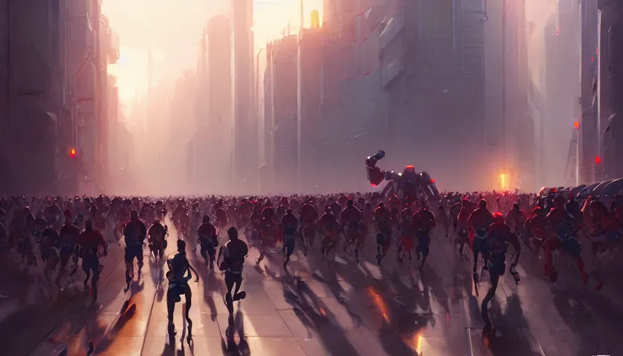 Image similar to marathon with running robots and people, artgerm greg rutkowski makoto shinkai, artstation