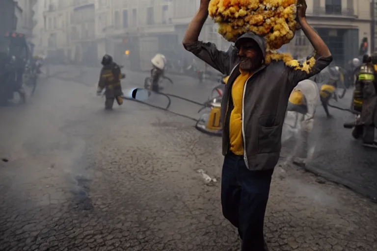 Image similar to closeup potrait of a man carrying molten cheese over his head during a fire in Paris, photograph, natural light, sharp, detailed face, magazine, press, photo, Steve McCurry, David Lazar, Canon, Nikon, focus