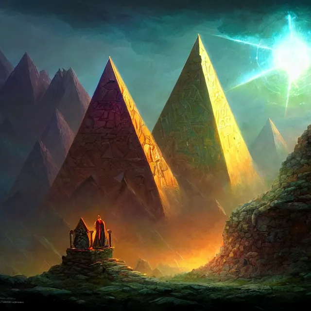 Image similar to the illuminati eye pyramid, a fantasy magical landscape seen in the distance, atmospheric lighting, intricate, volumetric lighting, beautiful, sharp focus, ultra detailed, in the art style of marc simonetti, bowater charlie and brom gerald, astrophotography