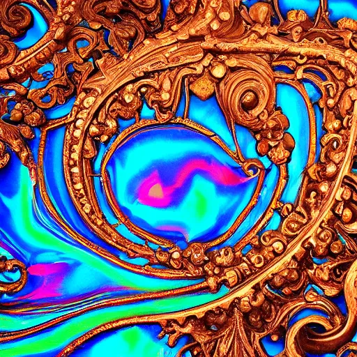 Image similar to Art Nouveau cresting oil slick waves, hyperdetailed bubbles in a shiny iridescent oil slick wave, ornate copper patina medieval ornament, rococo, baroque spirals