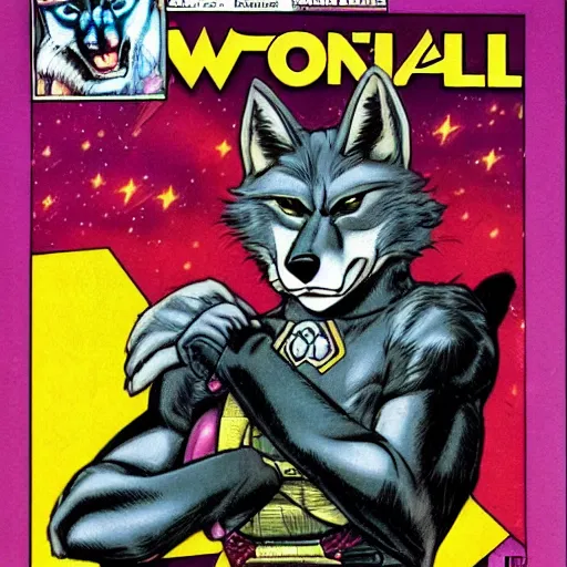 Image similar to 1 9 8 0 s comic book cover scan featuring a portrait of villain male wolf o'donnell anthropomorphic wolf furry fursona from starfox wearing a dark space mercenary uniform, dark grey wolf, handsome eyes, wolf o'donnell