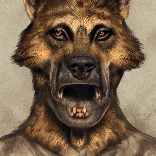 Image similar to a wounded humanoid german shepherd beast - man in military style, his ear has been bitten off, he is healing his wounds, highly detailed portrait, digital painting, artstation, concept art, smooth, sharp foccus ilustration, artstation