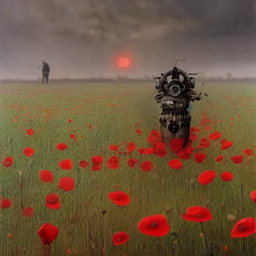 Image similar to a hyperrealistic painting of a steampunk demon in a feild of poppies, by john kenn mortensen and zdzislaw beksinski, highly detailed, vivid color,