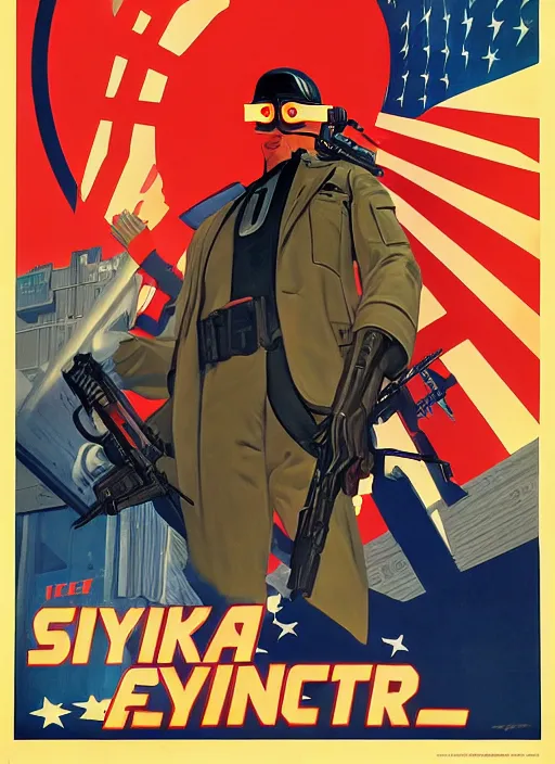 Image similar to american propaganda poster. cyberpunk spy. portrait by jean giraud and anton otto fischer and john philip falter and will eisner and gil elvgren. realistic proportions. tf 2, overwatch.