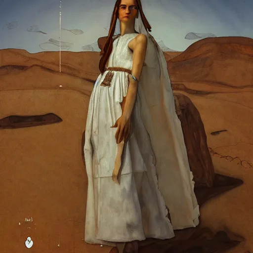 Prompt: a girl with white dress inside the desert by egon schiele and michael angelo, baroque, matte painting, concept art,highly detailed,sharp lines, hdri, 4k -