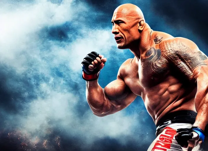 Image similar to dwayne the rock johnson in the ufc, 4 k, photorealistic