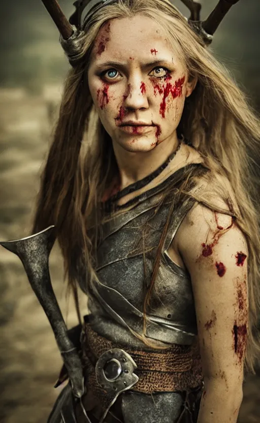 Image similar to photorealistic 3/4 photograph of beautiful female viking warrior with large sad gray eyes, bloody, cinematic, 28mm