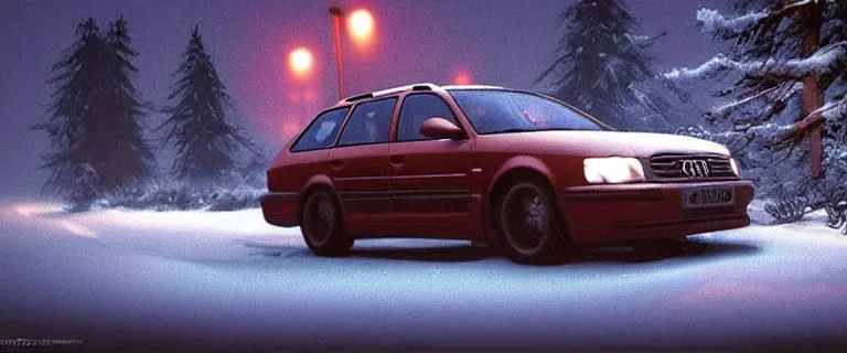 Image similar to Audi A4 B6 Avant (2002), a gritty neo-noir, dramatic lighting, cinematic, eerie person, death, homicide, homicide in the snow, gunshots, establishing shot, extremely high detail, photorealistic, cinematic lighting, artstation, by simon stalenhag, Max Payne (PC) (2001) winter New York at night, In the style of Max Payne 1 graphic novel, flashing lights, Poets of the Fall - Late Goodbye