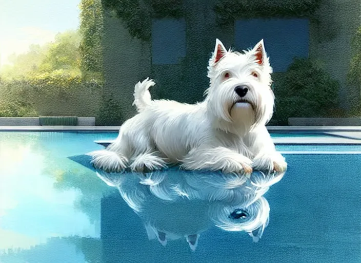 Image similar to west highland white terrier sitting by a pool, bright, reflections, intricate, sharp focus, lens flare, bloom, illustration, highly detailed, digital painting, concept art, matte, art by ruan jia and wlop and greg rutkowski, masterpiece