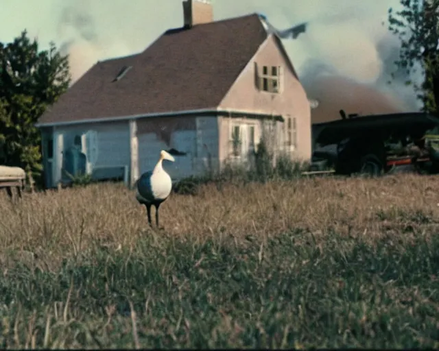 Image similar to a movie still from 'A Goose Set my House on Fire', 40mm tape, technicolour film, goose in foreground!!!!, housefire!, letterboxing, widescreen