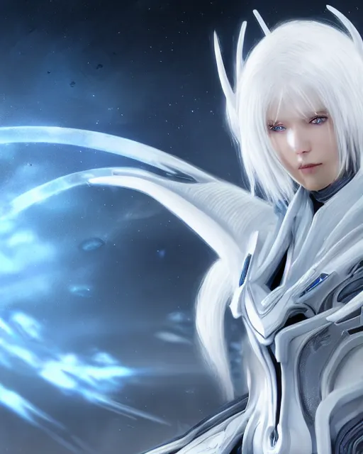 Prompt: perfect white haired alien being, warframe armor, beautiful, dreamy, half asian, pretty face, blue eyes, detailed, windy weather, scifi platform, laboratory, experiment, 4 k, ultra realistic, epic lighting, android body, illuminated, cinematic, high detail, masterpiece, art by akihito tsukushi, akihiko yoshida, voidstar