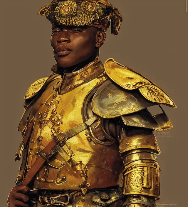 Image similar to portrait of an south african man wearing a traditional nineteenth century south african empire military uniform, metal shoulder pauldrons, intricate, highly detailed, digital painting, artstation, concept art, sharp focus, cinematic lighting, illustration, art by artgerm and greg rutkowski, alphonse mucha, cgsociety