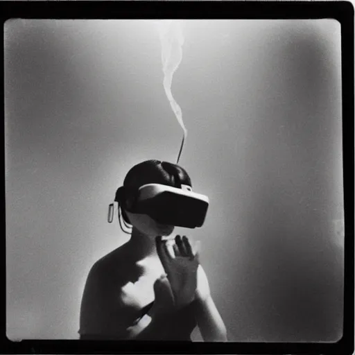 Image similar to an ancient demon-girl using a VR headset, mist , 1910 Polaroid photo, Black and white