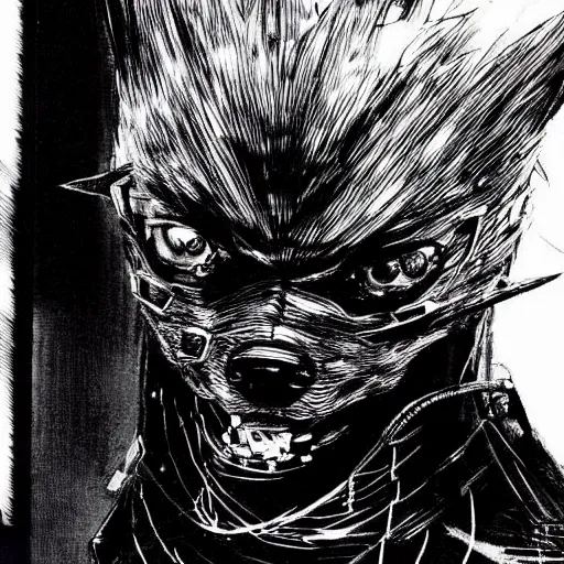 Prompt: A small dog looking sinister, by Tsutomu Nihei, highly detailed