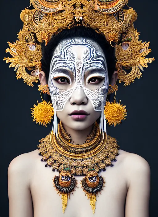 Image similar to absurdly beautiful young thai woman with symmetrical white makeup, wearing an intricate headdress made from bones, wearing large earrings made from white bones, hyperdetailed illustration by irakli nadar and alexandre ferra, intricate linework, in the style of a national geographic portrait, unreal engine 5 highly rendered, global illumination, radiant light, detailed and intricate environment