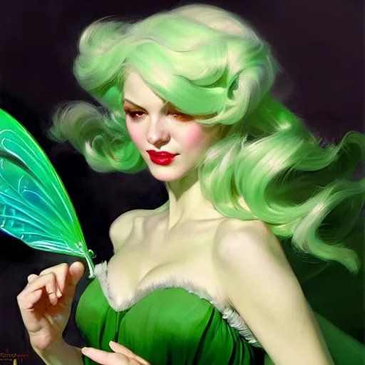 Image similar to greg manchess painting of fairy god mother, green and white hair, long wings, sorceress wand, soft lighting, trending on artstation, by huang guangjian and gil elvgren and sachin teng