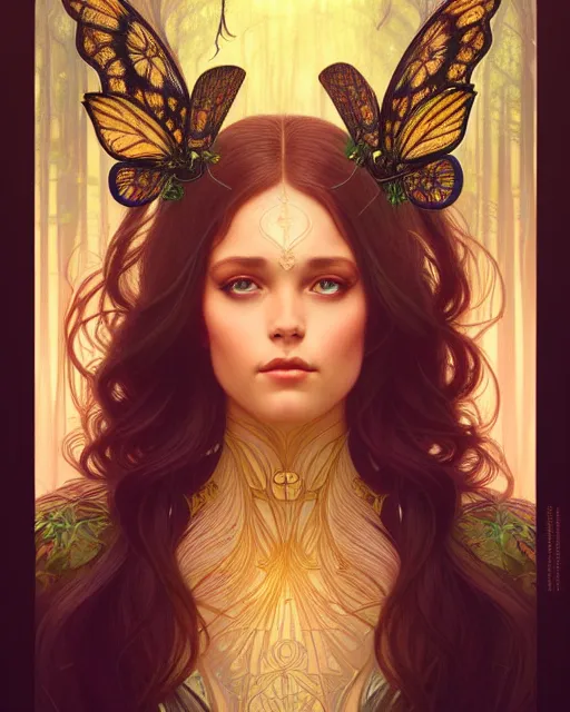 Image similar to symmetry portrait of brunette princess, glam, fae, fireflies, forest background, intricate, elegant, highly detailed, digital painting, artstation, concept art, smooth, sharp focus, illustration, art by artgerm and greg rutkowski and fra angelico and alphons mucha