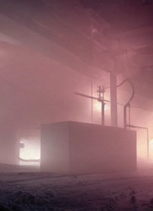 Image similar to a cinematic still from the thing ( 1 9 8 2 ), tentacles, particles, volumetric light, hyperrealistic, snow, ultradetailed, ominous, octane render, neon, fog