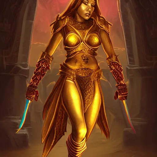 Prompt: bright, colorful, realistic, detailed from Elder Scrolls: shivering isles concept art golden saint a warrior woman with skin and hair made of bright and shiny gold portrait backlighting, kodachrome, high contrast, highly detailed, sharp focus, digital painting, concept art, illustration, trending on artstation, comic book by Alex Ross and Adam Adamowicz cover art