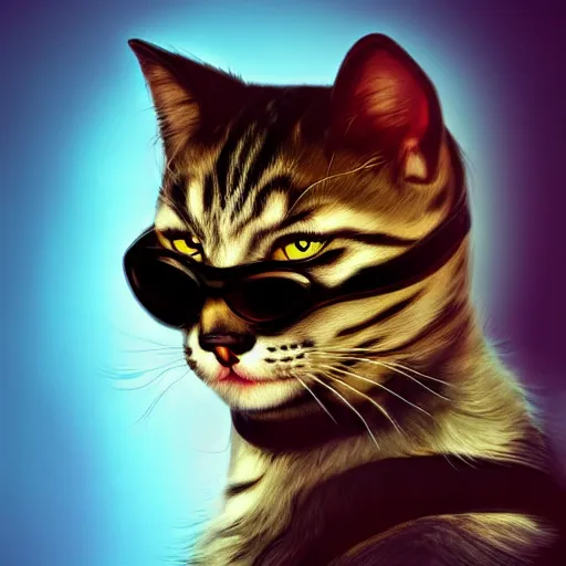 Prompt: Portrait of a cat cosplaying as the T-800 from the Terminator, wearing sunglasses, digital art, dramatic lighting, trending on ArtStation