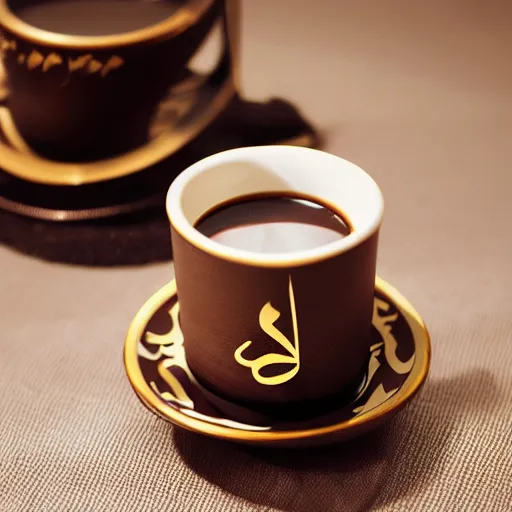 Image similar to arabic calligraphy coffee cup design, product photography, product design, studio lighting, professional photoshoot