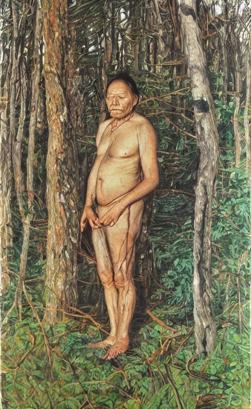 Prompt: full shot picture of indigenous leader standing in the forest, painted by lucian freud, hd, super detailed, amazing, realistic lighting