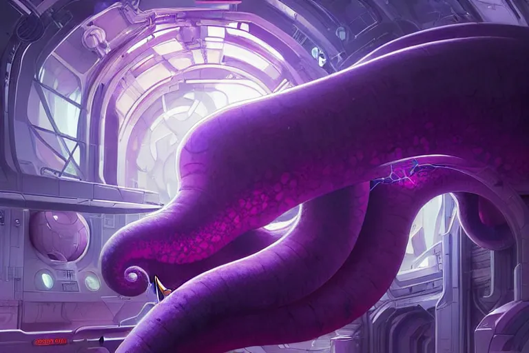 Image similar to Giant purple octopus in a space station, elegant, intricate, retrofuturistic digital painting, artstation, concept art, smooth, sharp focus, illustration, art by artgerm and greg rutkowski and alphonse mucha