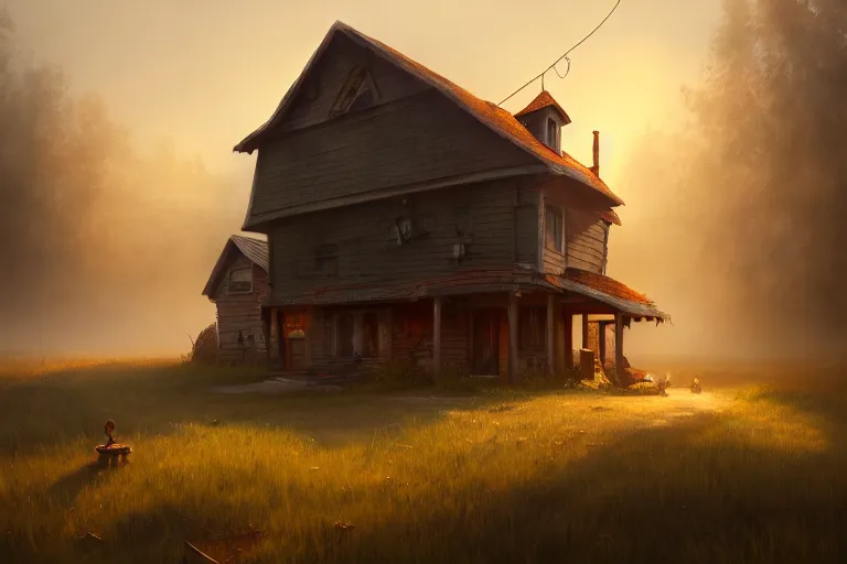 Image similar to a house in the shape of a human, rust, hyperrealistic, highly detailed, cinematic, single ray of sun, fog, beautiful, cgssociety, artstation, 8 k, oil painting