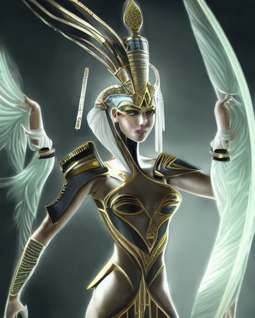 Image similar to perfect white haired attractive egyptian goddess, warframe armor, pharaoh headdress, beautiful, symmetric, dreamy, half asian, pretty face, green eyes, charlize theron, detailed, scifi platform, laboratory, experiment, 4 k, ultra realistic, epic lighting, android body, illuminated, cinematic, masterpiece, art by akihito tsukushi, voidstar