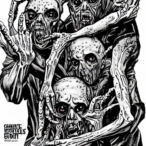 Prompt: zombie with six arms and two heads, by Charlie Adlard